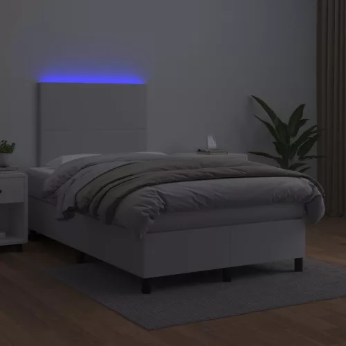 Fehér műbőr rugós ágy matraccal és LED-del 120x200 cm