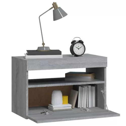 Szürke sonoma színű éjjeliszekrény LED világítással 60x35x40 cm