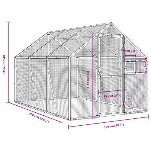 Ezüstszínű alumínium madárház 1,79 x 3 x 1,85 m