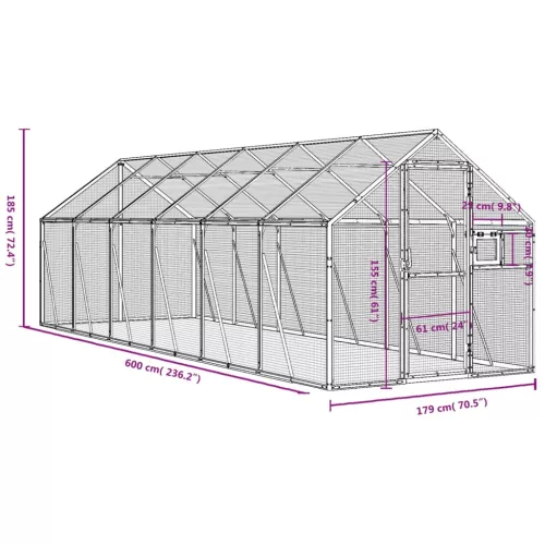 Ezüstszínű alumínium madárház 1,79 x 6 x 1,85 m