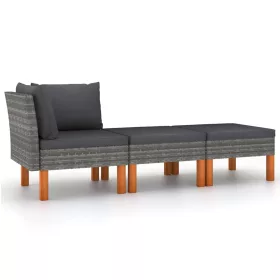   3 részes polyrattan és tömör eukaliptuszfa kerti ülőgarnitúra