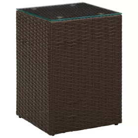   Barna polyrattan kisasztal üveg asztallappal 35 x 35 x 52 cm