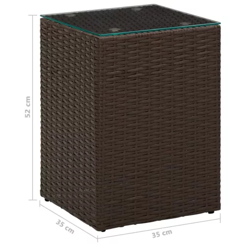 Barna polyrattan kisasztal üveg asztallappal 35 x 35 x 52 cm