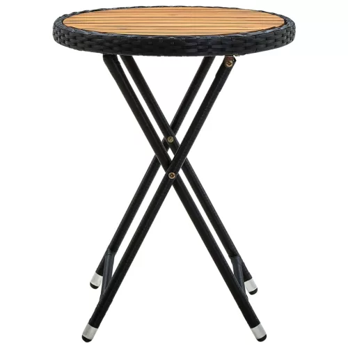 Fekete polyrattan és tömör akácfa teázóasztal 60 cm