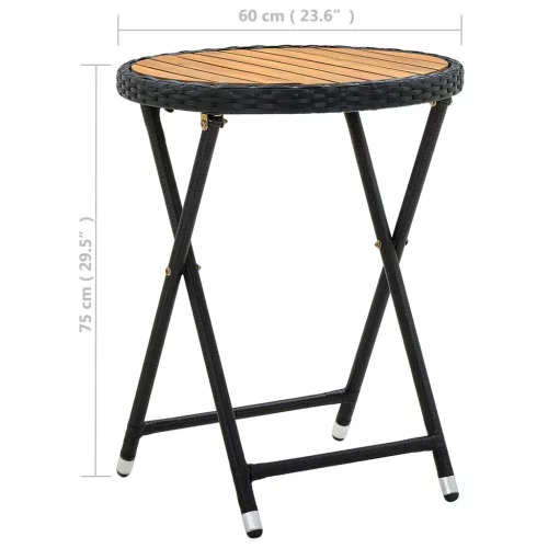 Fekete polyrattan és tömör akácfa teázóasztal 60 cm