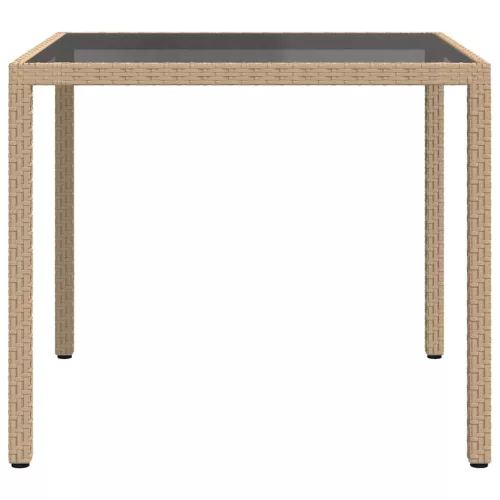 Bézs polyrattan és edzett üveg kerti asztal 90 x 90 x 75 cm