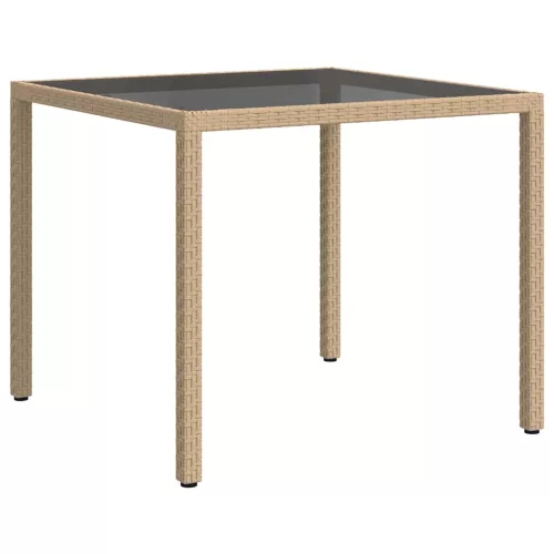 Bézs polyrattan és edzett üveg kerti asztal 90 x 90 x 75 cm