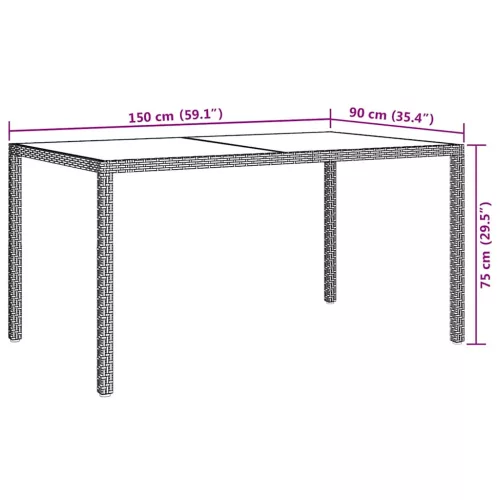 Barna polyrattan és edzett üveg kerti asztal 150 x 90 x 75 cm
