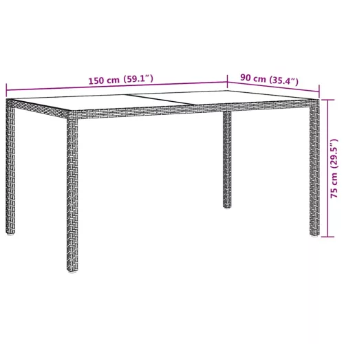 Szürke polyrattan és edzett üveg kerti asztal 150 x 90 x 75 cm