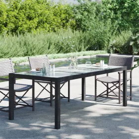   Fekete polyrattan és edzett üveg kerti asztal 190 x 90 x 75 cm