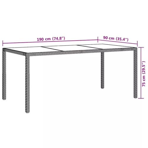 Szürke polyrattan és edzett üveg kerti asztal 190 x 90 x 75 cm