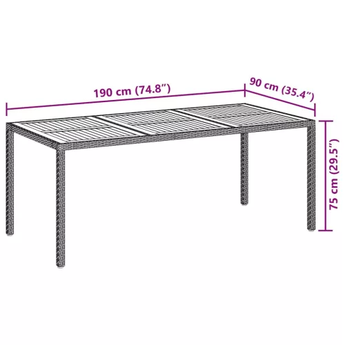 Fekete polyrattan és akácfa kerti asztal 190 x 90 x 75 cm