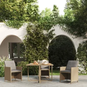   Bézs polyrattan és tömör akácfa kerti asztal 109 x 107 x 74 cm