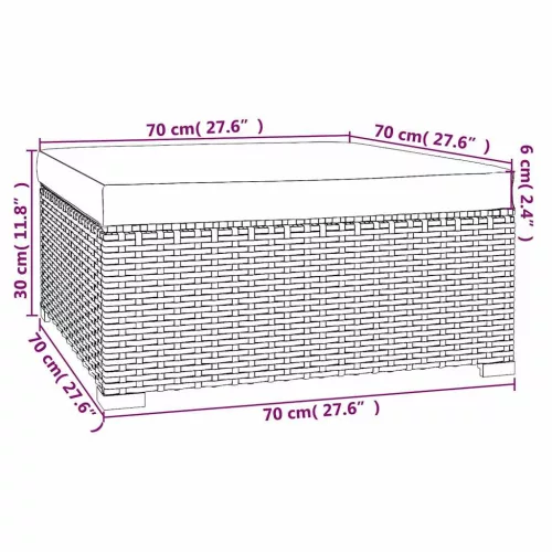 Szürke polyrattan kerti lábtartó párnával 70 x 70 x 30 cm