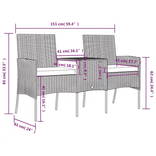 Kétszemélyes antracitszürke polyrattan kanapé teázóasztallal