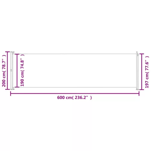Piros behúzható oldalsó terasznapellenző 200 x 600 cm