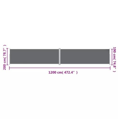 Antracitszürke behúzható oldalsó napellenző 200 x 1200 cm
