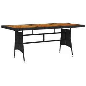   Fekete polyrattan és tömör akácfa kerti asztal 160 x 70 x 72 cm