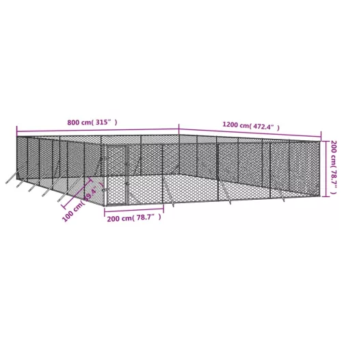 Ezüstszínű kültéri horganyzott acél kutyakennel 8 x 12 x 2 m