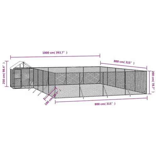 Ezüstszínű horganyzott acél kutyakennel tetővel 10x8x2,5 m