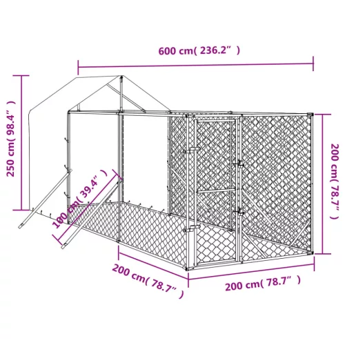 Ezüstszínű horganyzott acél kutyakennel tetővel 2x6x2,5 m