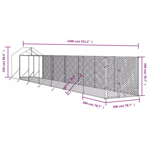 Ezüstszínű horganyzott acél kutyakennel tetővel 2x14x2,5 m