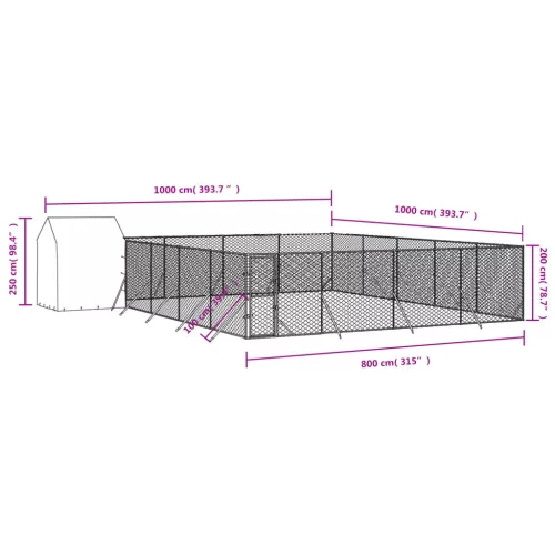 Ezüstszínű horganyzott acél kutyakennel tetővel 10x10x2,5 m