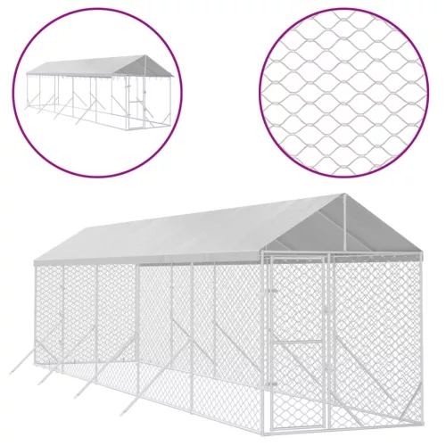 Ezüstszínű horganyzott acél kutyakennel tetővel 2x10x2,5 m