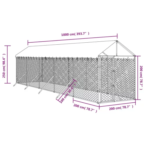 Ezüstszínű horganyzott acél kutyakennel tetővel 2x10x2,5 m