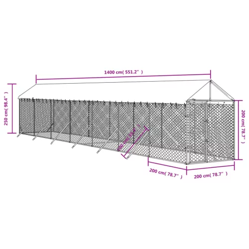 Ezüstszínű horganyzott acél kutyakennel tetővel 2x14x2,5 m