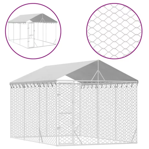 Ezüstszínű horganyzott acél kutyakennel tetővel 3x4,5x2,5 m