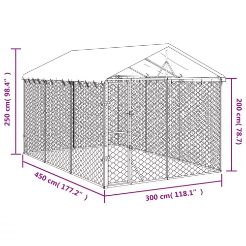 Ezüstszínű horganyzott acél kutyakennel tetővel 3x4,5x2,5 m