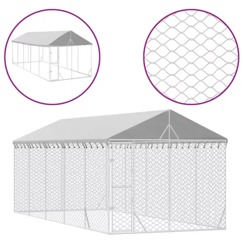 Ezüstszínű horganyzott acél kutyakennel tetővel 3x7,5x2,5 m