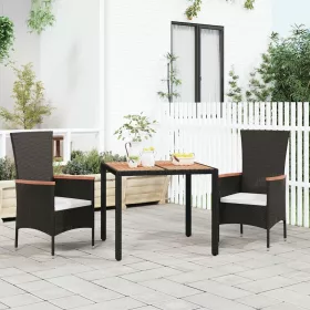   Fekete polyrattan és tömör akácfa kerti asztal fa asztallappal