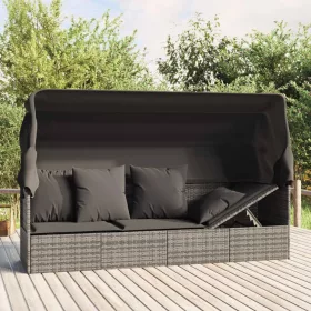   Szürke polyrattan kültéri társalgókanapé tetővel és párnákkal