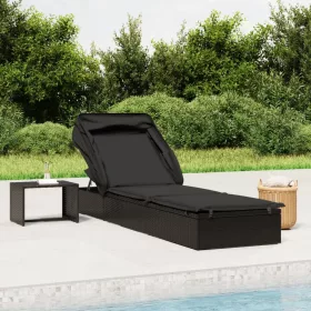   Fekete polyrattan napozóágy összecsukható tetővel 213x63x97 cm
