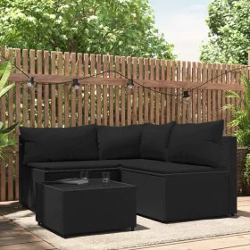   4 részes fekete polyrattan kerti ülőgarnitúra párnákkal