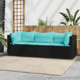   3 részes fekete polyrattan kerti ülőgarnitúra párnákkal