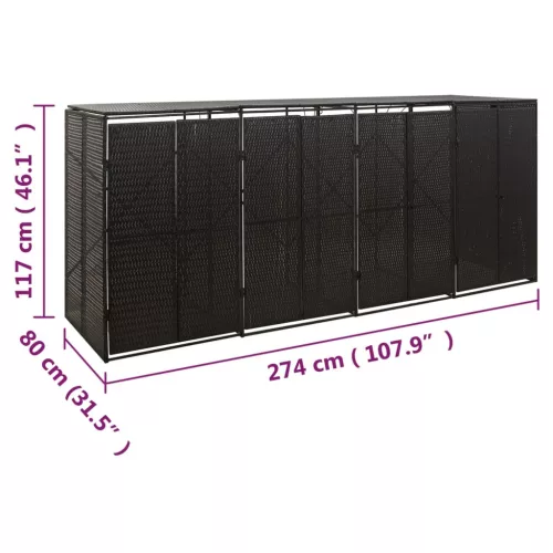 Fekete polyrattan négyes kerekeskuka tárolófészer 274x80x117 cm
