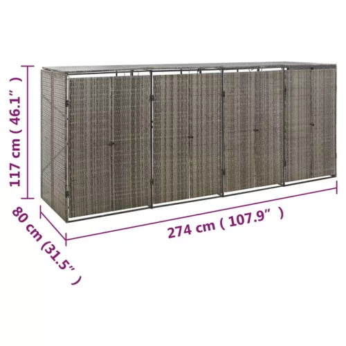 Szürke polyrattan négyes kerekeskuka tárolófészer 274x80x117 cm