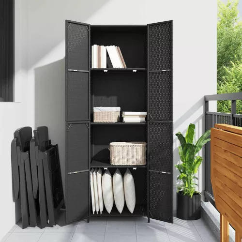 Fekete polyrattan kerti tárolószekrény 59 x 40 x 180 cm