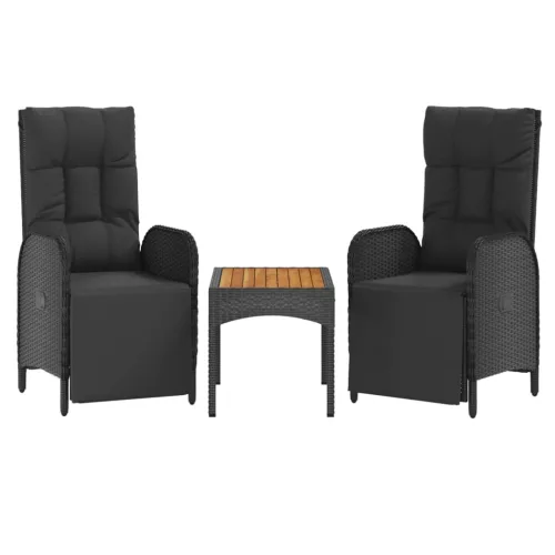 2 db fekete polyrattan dönthető kerti szék asztallal
