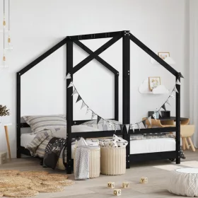Fekete tömör fenyőfa gyerekágykeret 2 x (70 x 140) cm