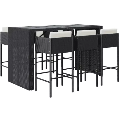 7 részes fekete polyrattan kerti bárszett párnákkal