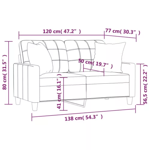 2 személyes cappuccino színű műbőr kanapé díszpárnákkal 120 cm