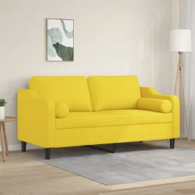   2 személyes világossárga szövet kanapé díszpárnákkal 140 cm