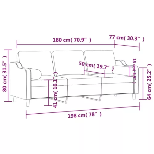 3 személyes tópszínű szövetkanapé díszpárnákkal 180 cm