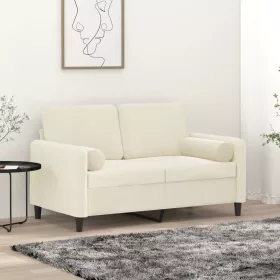   2 személyes krémszínű bársony kanapé díszpárnákkal 120 cm