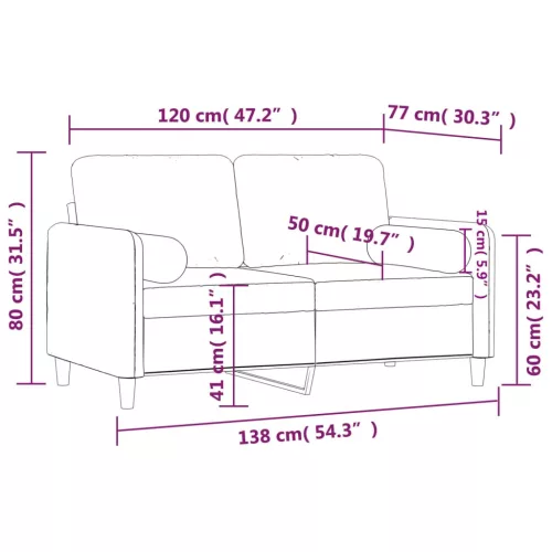 2 személyes krémszínű bársony kanapé díszpárnákkal 120 cm