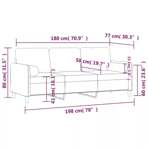3 személyes barna bársony kanapé díszpárnákkal 180 cm